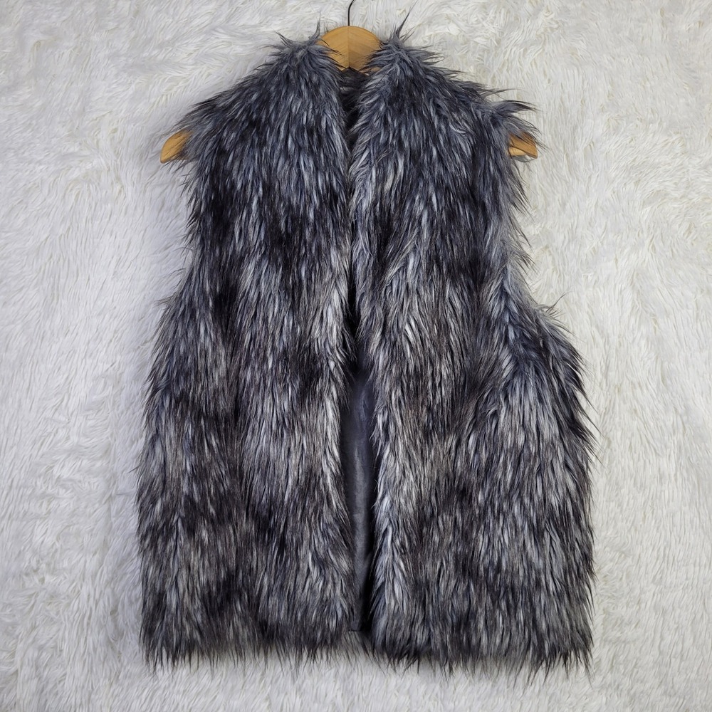 BCBGeneration Womens Gray Faux Fur Vest Salt and Pepper Open Front Sleeveless S